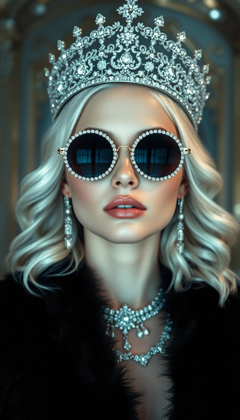 HD iPhone AI Young Platinum Blonde Queen in Black Fur Dynamic Wallpaper